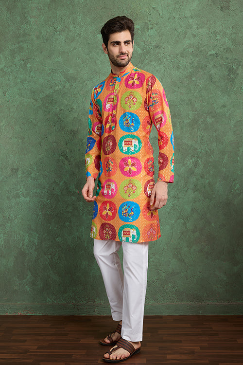 Multi Color Print With Embroidered Kurta And Pajama For Men