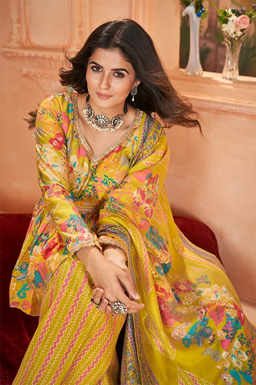 Yellow Silk Digital Print And Foil Three Piece Set