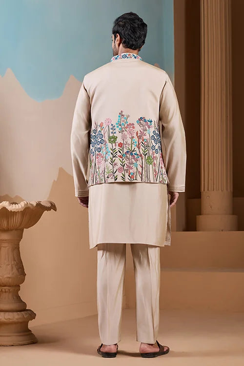 Elegant Fashionable Beige Koti Kurta Set for Mens Wear