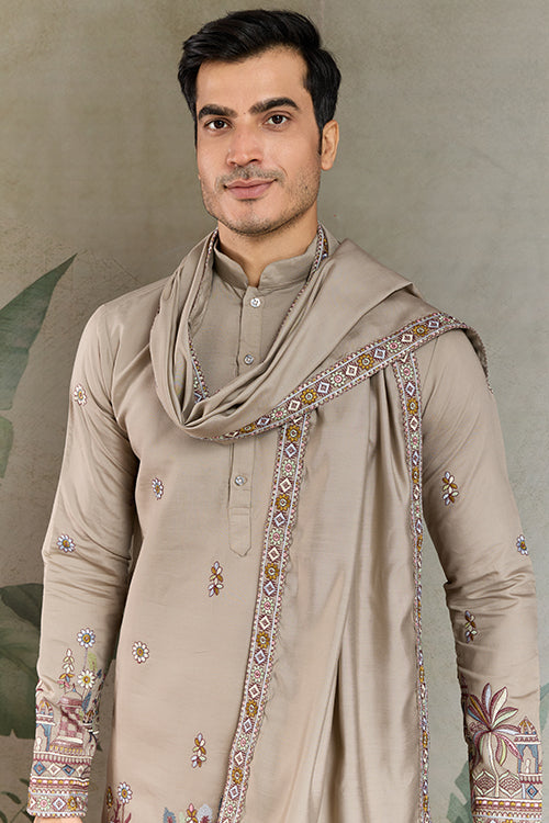 Traditional Ivory Embroidered Kurta Dupatta With Pajama
