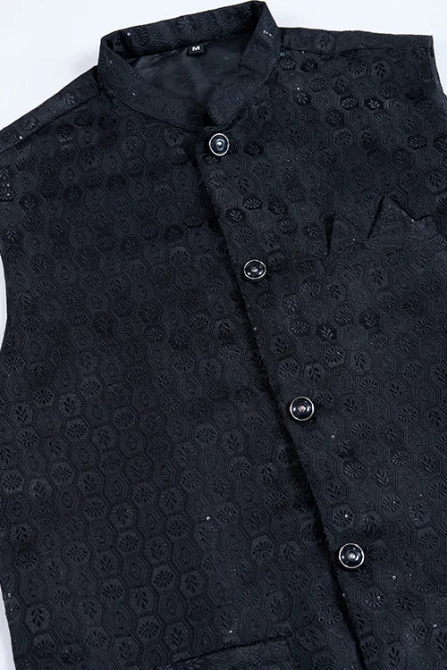Black Roman Silk Kurta With Jacquard Koti Elegant Ethnic Wear