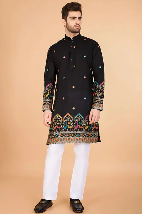 Black Viscose Silk Men's Designer Kurta Online