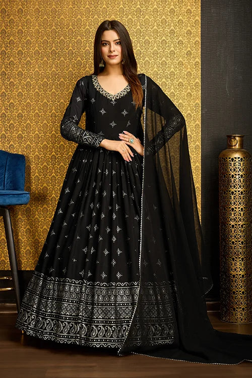 Outstanding Black Color Foil Work Georgette Function Wear Gown With Dupatta