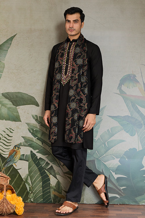 Wedding Special Black Mirror Work Kurta With Dupatta For Men