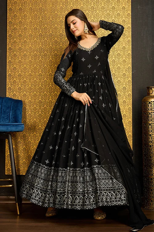 Outstanding Black Color Foil Work Georgette Function Wear Gown With Dupatta
