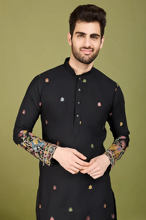 Black Color Cotton Embroidered Kurta For Men