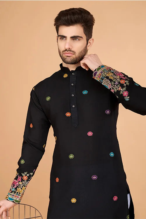 Black Designer Viscose Silk Kurta With Thread Work