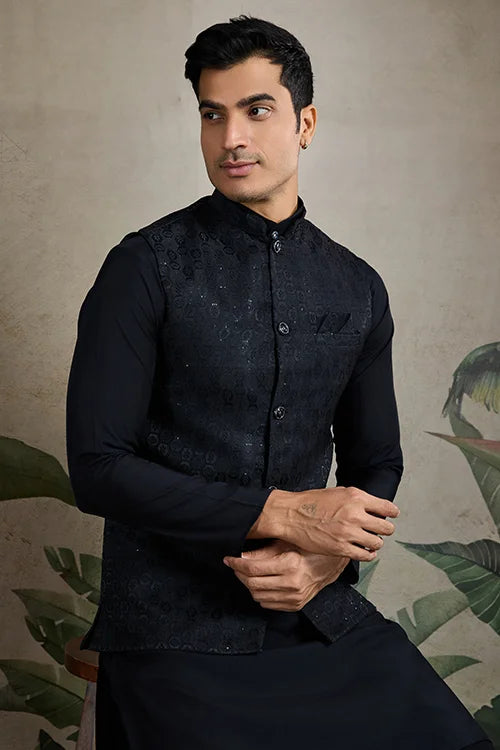 Black Roman Silk Kurta With Jacquard Koti Elegant Ethnic Wear