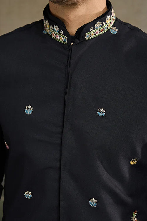Designer Black Cotton Kurta With Embroidered Koti
