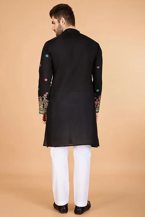 Black Designer Viscose Silk Kurta With Thread Work