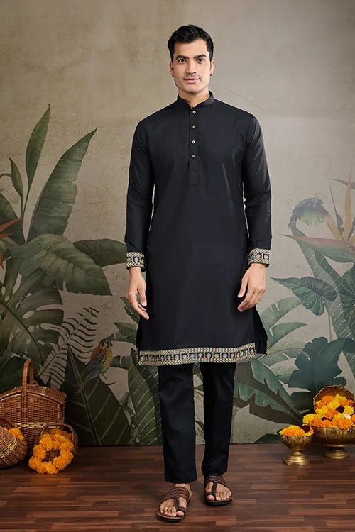 Designer Black Cotton Kurta With Embroidered Koti