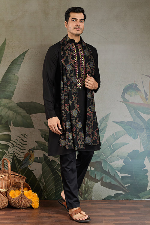 Wedding Special Black Mirror Work Kurta With Dupatta For Men