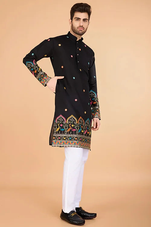 Black Viscose Silk Men's Designer Kurta Online