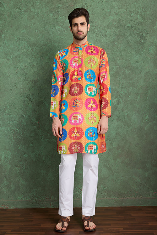 Multi Color Print With Embroidered Kurta And Pajama For Men