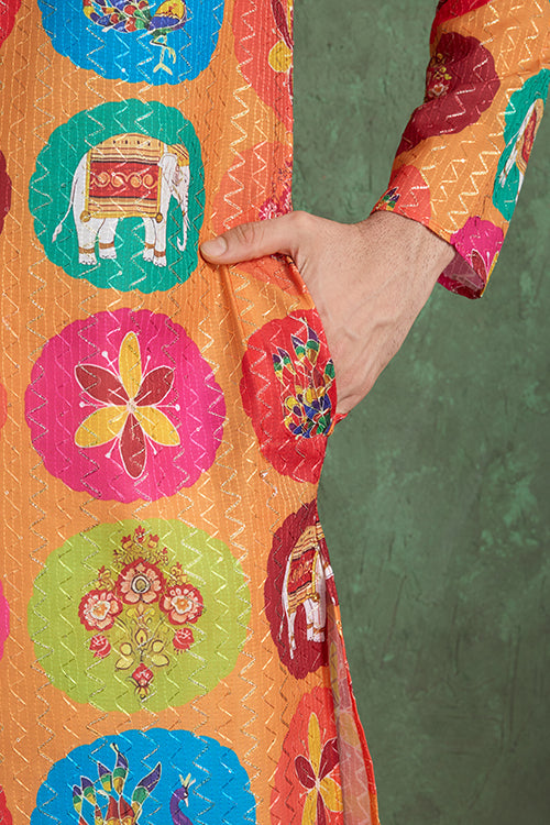 Multi Color Print With Embroidered Kurta And Pajama For Men