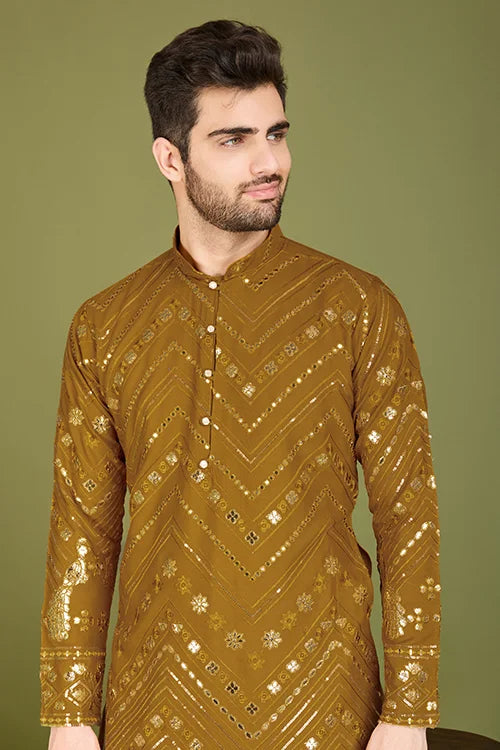Traditional Embroidered Yellow Silk Kurta For Men
