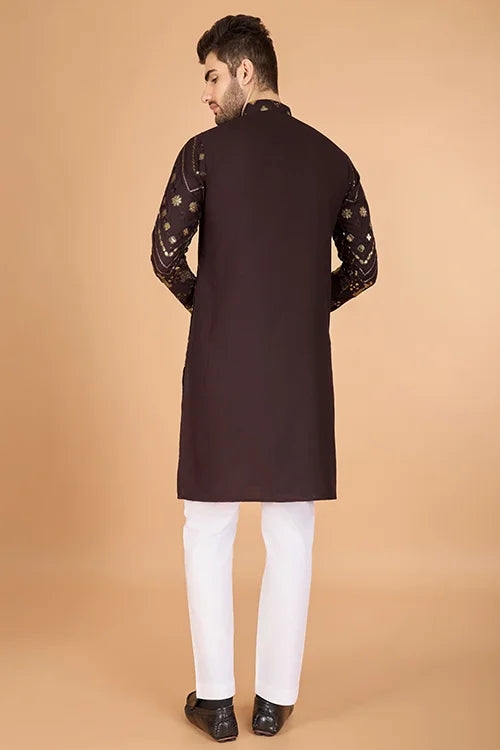 Designer Brown Men's Silk Kurta For Special Events