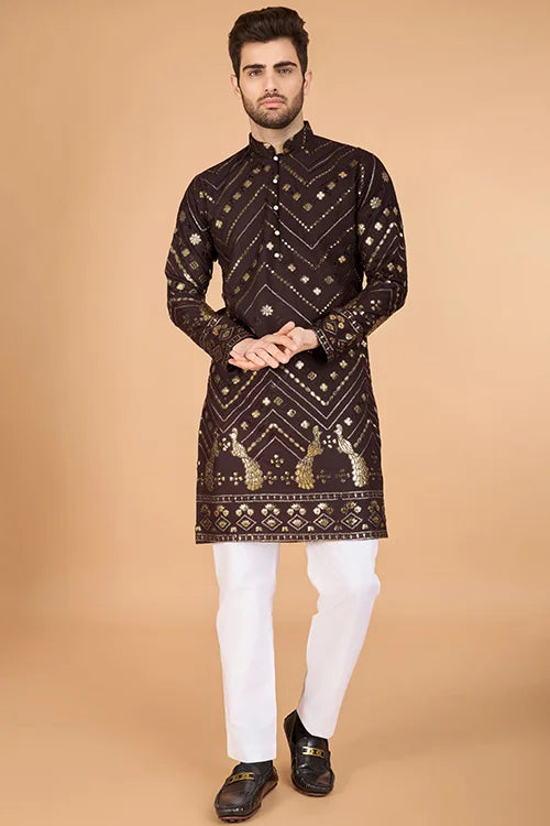 Designer Brown Men's Silk Kurta For Special Events