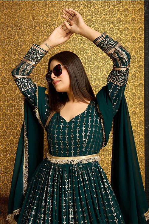 Green Color Designer Metalic Foil Work Ready To Wear Gown