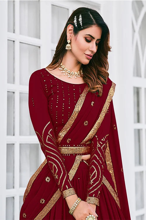 Maroon Georgette Lehenga Choli With Sequins Work