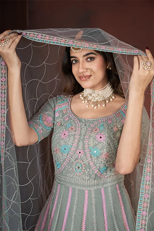 Pista Color Net Fabric Embroidered Zarkan Long Gown – Ready To Wear Collection