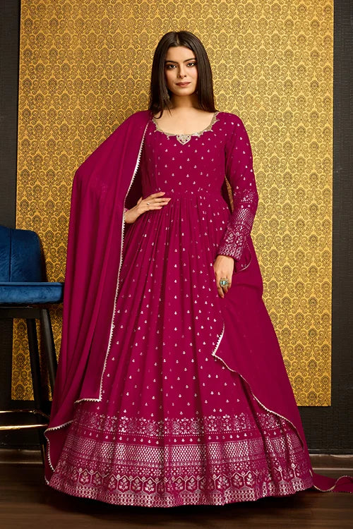 Exclusive Rani Color Metalic Foil Work Ready To Wear Gown