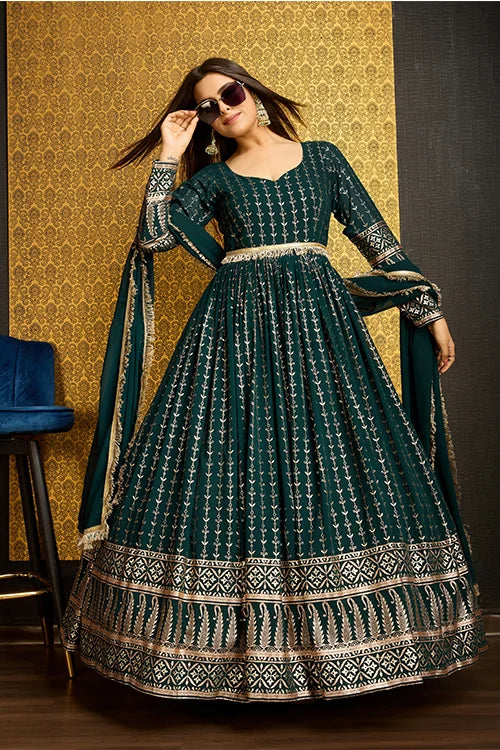 Green Color Designer Metalic Foil Work Ready To Wear Gown
