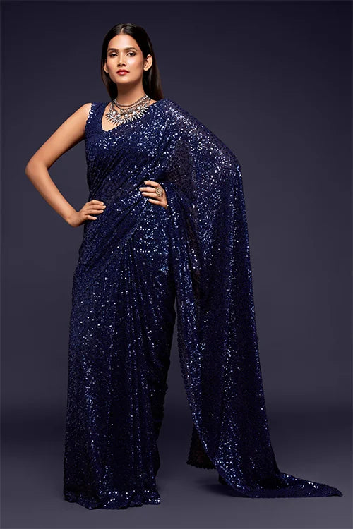 Blush Blue Heavy Georgette Saree With Sequins Embroidery Work