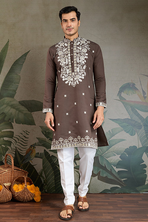 Wedding Functions Chocolate Gray Embroidered Kurta