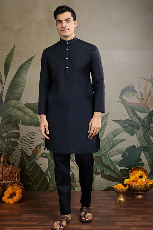 Black Viscose Silk Indian Designer Kurta With Koti For Men