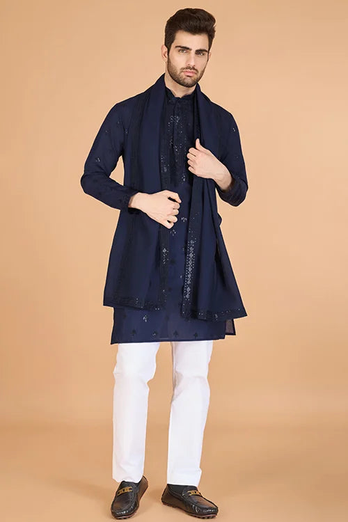Elegant Navy Viscose Silk Kurta With Sequins