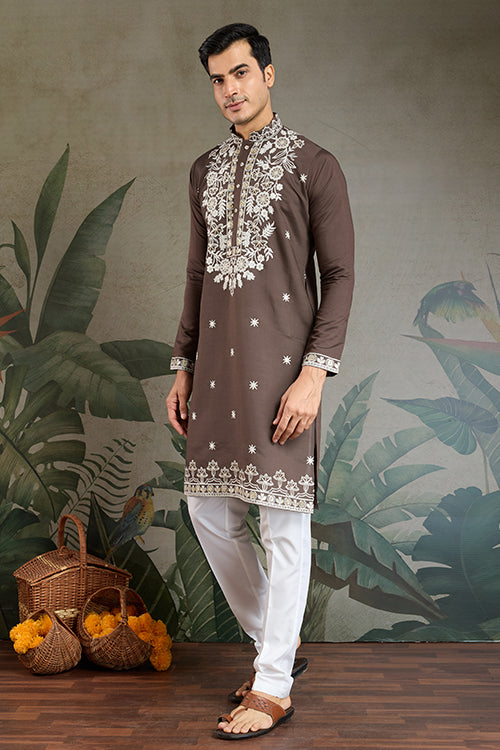 Wedding Functions Chocolate Gray Embroidered Kurta