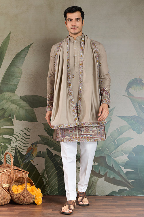 Traditional Ivory Embroidered Kurta Dupatta With Pajama