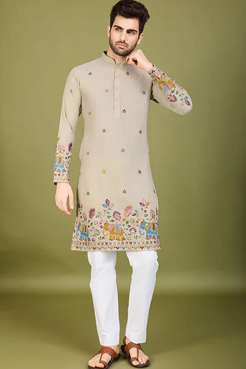 Premium Beige Kurta With Embroidery Wedding Look For Mens Wear