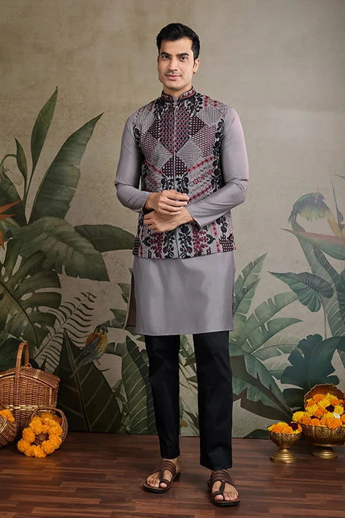 Latest Grey Silk Kurta With Swarovski Koti Jacket For Men’s
