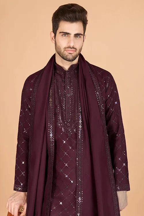 Designer Maroon Viscose Silk Men's Kurta Online