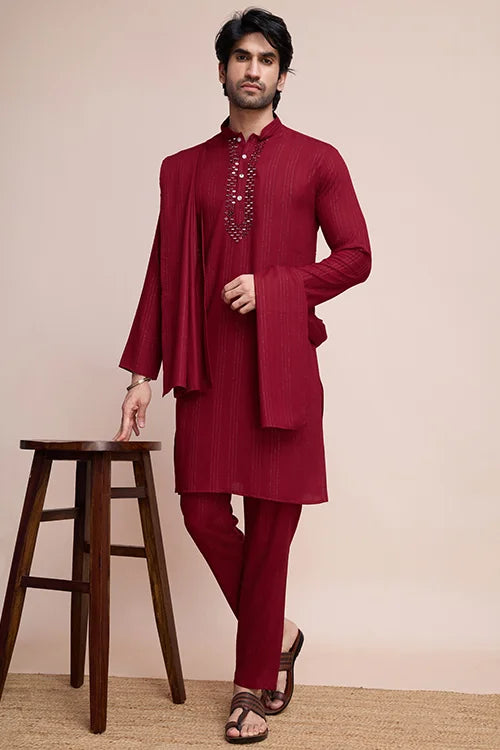 Maroon Color Kurta With Dupatta For Mens Wear