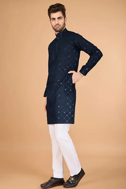 Navy Color Kurta With Dupatta For Mens Wear