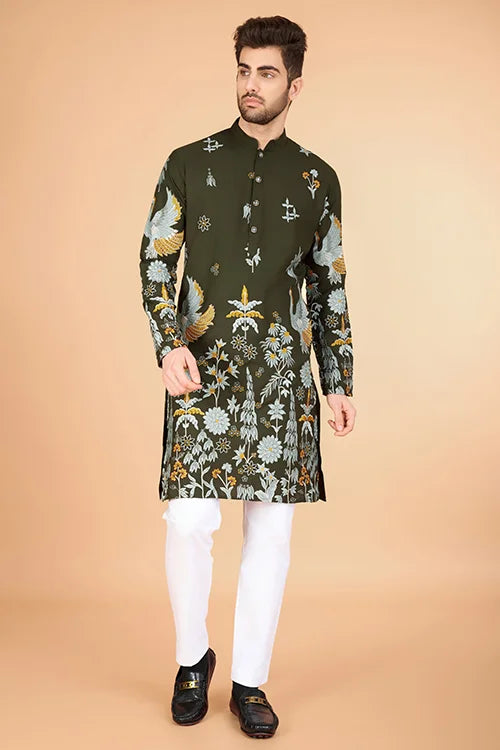 Olive Viscose Rayon Designer Men's Kurta For Festive