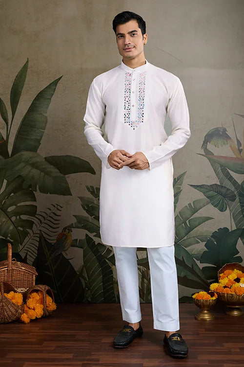 Designer White Kurta & Open Koti For Men