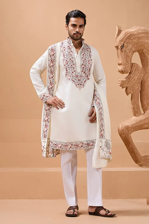Vibrant Look White Kurta Dupatta Set for Mens Wear