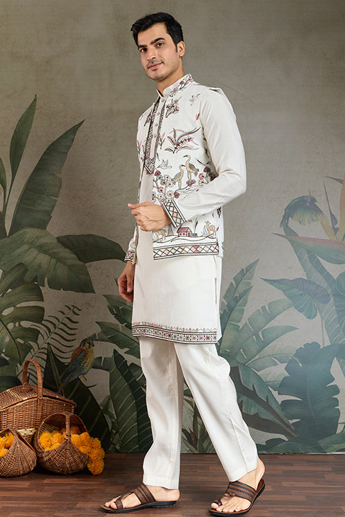 White Open Koti Style Full Kurta Pajama Set For Men
