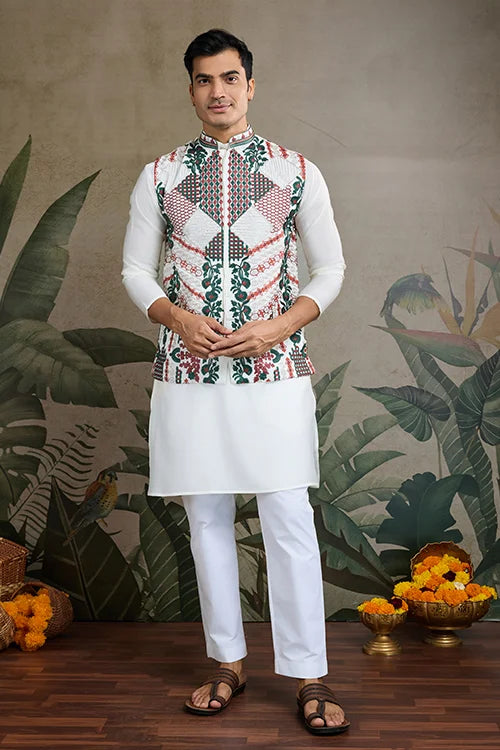 Beautiful White Viscose Silk Kurta Koti Set
