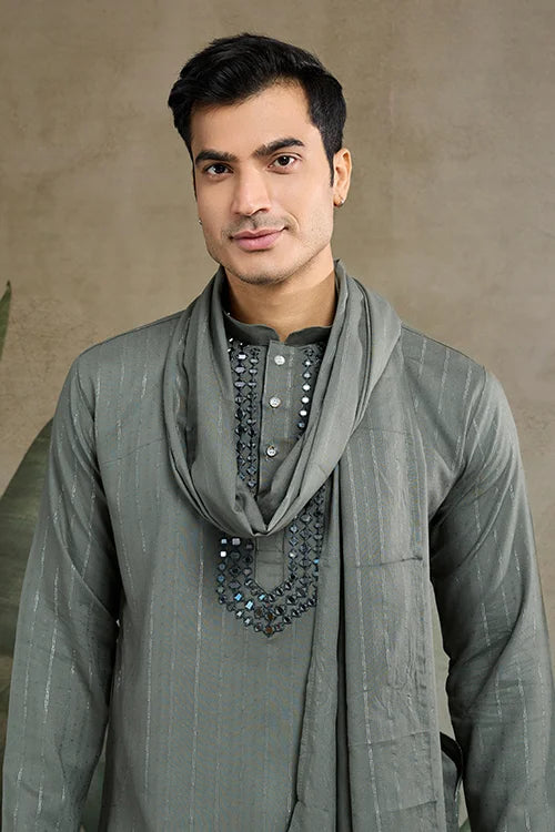 Silk Party Wear Rust Green Jari Work Kurta & Dupatta For Men's