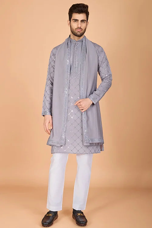 Designer Gray Silk Kurta For Men – Elegant Festive Wear