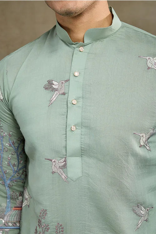 Designer Pista Green Viscose Silk Fancy Kurtas For Men