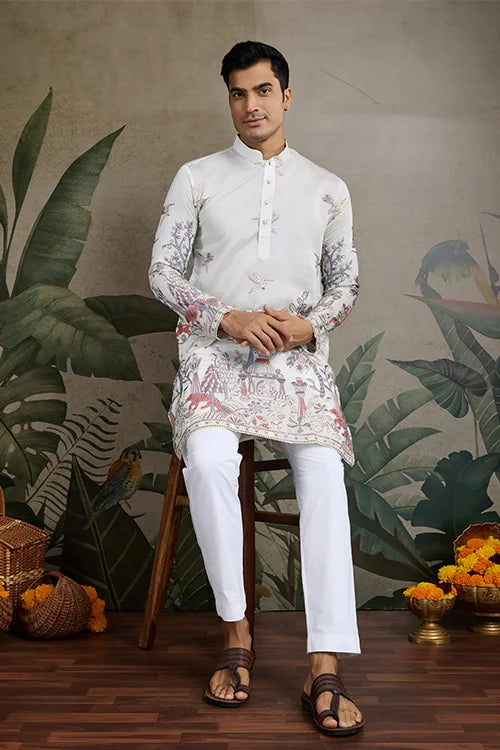 Premium White Viscose Silk Party Wear Kurta For Men