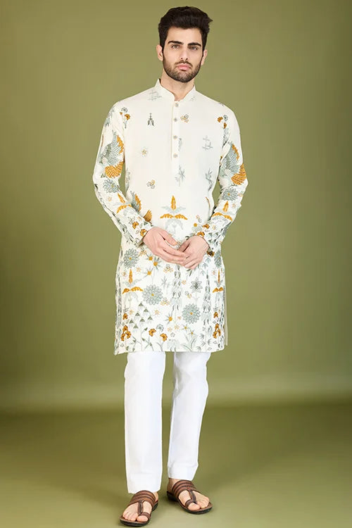 Designer White Sequence Embroidered Gents Kurta