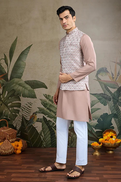 Ivory Roman Silk Kurta With Jacquard Koti Jacket
