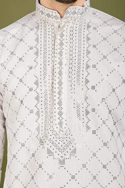 Designer White Viscose Silk Men's Kurta – Elegant Wedding Attire